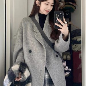 Black Reversible Cashmere Coat for Women - Mid-Length, High-End Korean Style Woolen Outerwear for Autumn & Winter, Perfect for Petites