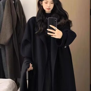 Black Reversible Cashmere Coat for Women, Mid-Length Woolen Outerwear, Chic Autumn/Winter 2024 Style for Petite Sizes