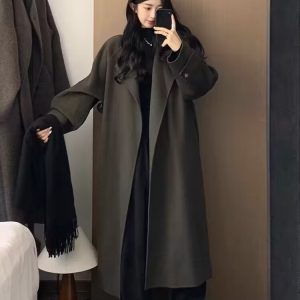 Black Reversible Cashmere Coat for Women, Mid-Length Woolen Outerwear, Chic Autumn/Winter 2024 Style for Petite Sizes