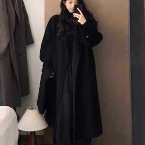 Black Reversible Cashmere Coat for Women, Mid-Length Woolen Outerwear, Chic Autumn/Winter 2024 Style for Petite Sizes
