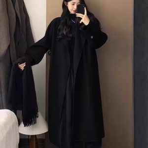 Black Reversible Cashmere Coat for Women, Mid-Length Woolen Outerwear, Chic Autumn/Winter 2024 Style for Petite Sizes
