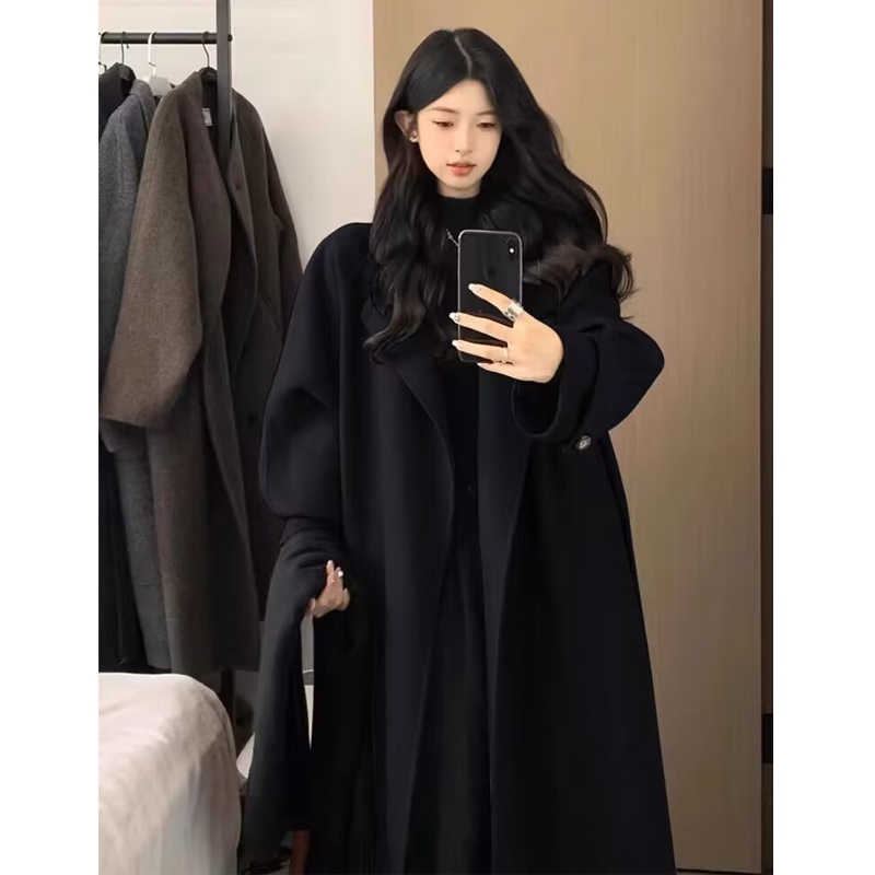 Black Reversible Cashmere Coat for Women, Mid-Length Woolen Outerwear, Chic Autumn/Winter 2024 Style for Petite Sizes