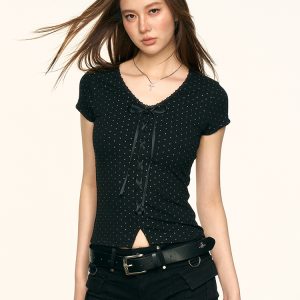 Black Rhinestone Bow Shoulder Short Sleeve Crop Top T-Shirt for Women - Summer Slim Fit Y2K Style Fashion