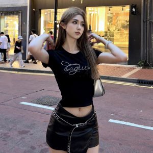 Black Rhinestone Shoulder T-Shirt for Women - Summer Retro Short Sleeve Cropped Top, Elastic Slim Fit, Y2K Style