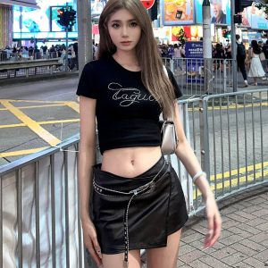 Black Rhinestone Shoulder T-Shirt for Women - Summer Retro Short Sleeve Cropped Top, Elastic Slim Fit, Y2K Style