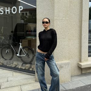 Black Semi-Transparent Knitted Hoodie - Stylish Practical Design for Small Essentials, Perfect for Y2K and Casual Looks