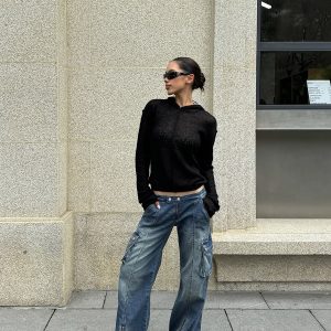 Black Semi-Transparent Knitted Hoodie - Stylish Practical Design for Small Essentials, Perfect for Y2K and Casual Looks