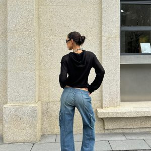 Black Semi-Transparent Knitted Hoodie - Stylish Practical Design for Small Essentials, Perfect for Y2K and Casual Looks