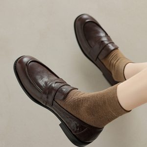 Black Sheepskin Flat Loafers for Women - 2025 Summer Round Toe Slip-On Leather Shoes, Y2K Inspired Comfort Fashion