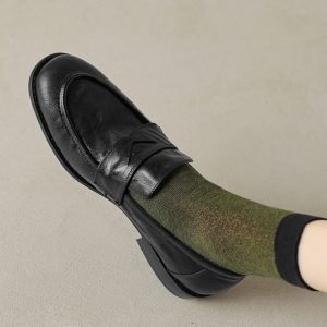 Black Sheepskin Flat Loafers for Women - 2025 Summer Round Toe Slip-On Leather Shoes, Y2K Inspired Comfort Fashion
