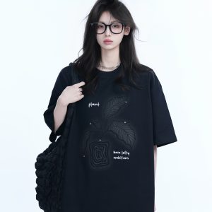 Black Short-Sleeve Hip-Hop T-Shirt for Women with National Trend Design - Summer Heavy Loose Fit Couple Style