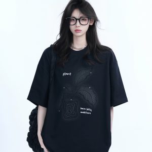 Black Short-Sleeve Hip-Hop T-Shirt for Women with National Trend Design - Summer Heavy Loose Fit Couple Style