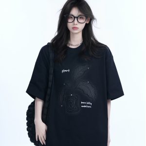 Black Short-Sleeve Hip-Hop T-Shirt for Women with National Trend Design - Summer Heavy Loose Fit Couple Style