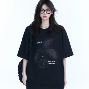 Black Short-Sleeve Hip-Hop T-Shirt for Women with National Trend Design - Summer Heavy Loose Fit Couple Style