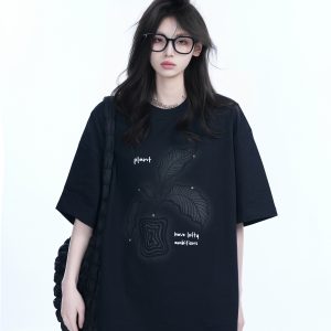 Black Short-Sleeve Hip-Hop T-Shirt for Women with National Trend Design - Summer Heavy Loose Fit Couple Style
