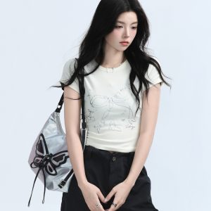 Black Short-Sleeve T-Shirt for Women - American Retro Style with Bow Design - Slim Fit Summer Top for Spicy Girls