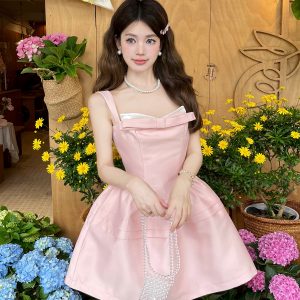 Black Spliced Imitation Silk Spaghetti Strap Dress with Pink Bow and Fan Meow Meow Design - Elegant Princess Style Dress