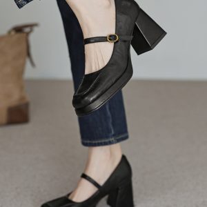 Black Square-Toe Mary Jane Shoes for Women, Chunky Heel, Waterproof Platform, Shallow Mouth, Trendy Summer Style