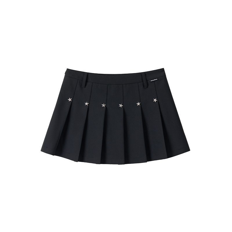 Black Star-Shaped Rivet Pleated Midi Skirt with Layered Design and Versatile Black Strap - Y2K Fashion Essential