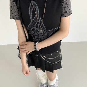 Black Star-Shaped Rivet Pleated Midi Skirt with Layered Design and Versatile Black Strap - Y2K Fashion Essential