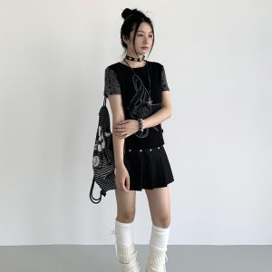 Black Star-Shaped Rivet Pleated Midi Skirt with Layered Design and Versatile Black Strap - Y2K Fashion Essential