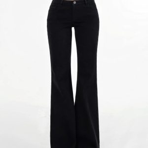 Black Stretchy Mid-Low Waist Flared Denim Pants for Women - Trendy Y2K Style Jeans