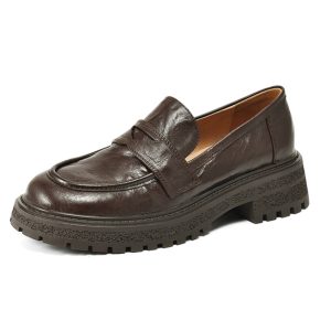 Black Thick-Soled Loafers for Women - Round-Toe Slip-On Leather Shoes - 2025 Summer Fashion Footwear