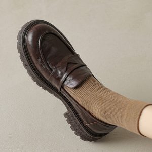 Black Thick-Soled Loafers for Women - Round-Toe Slip-On Leather Shoes - 2025 Summer Fashion Footwear