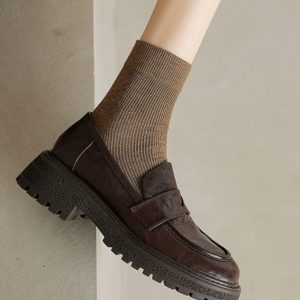 Black Thick-Soled Loafers for Women - Round-Toe Slip-On Leather Shoes - 2025 Summer Fashion Footwear