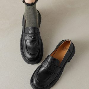 Black Thick-Soled Loafers for Women - Round-Toe Slip-On Leather Shoes - 2025 Summer Fashion Footwear