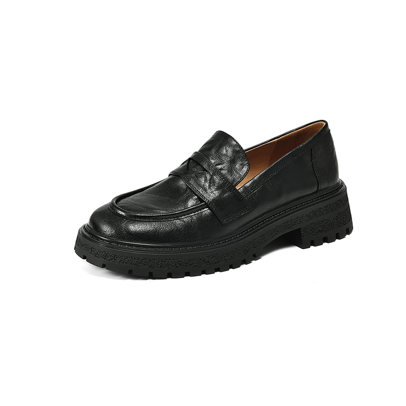 Black Thick-Soled Loafers for Women - Round-Toe Slip-On Leather Shoes - 2025 Summer Fashion Footwear
