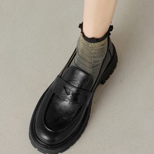 Black Thick-Soled Loafers for Women - Round-Toe Slip-On Leather Shoes - 2025 Summer Fashion Footwear