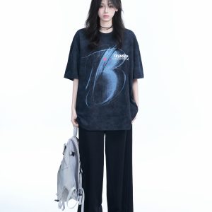 Black Tie-Dye Short Sleeve T-Shirt for Women - American Street Style, Loose Fit, Hip-Hop Inspired, Trendy Casual Wear