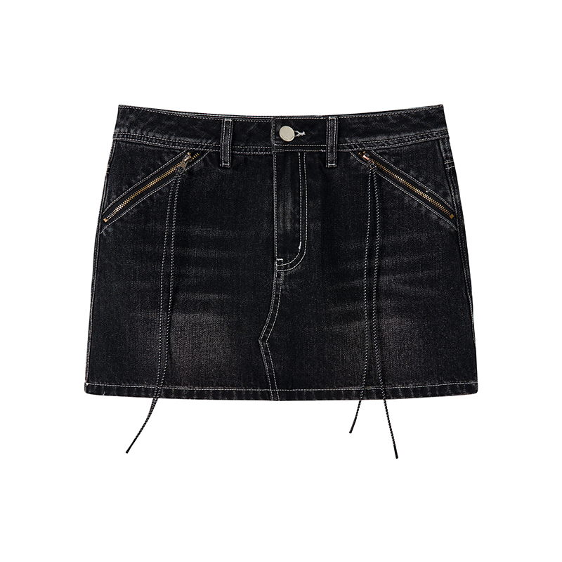 Black Vintage Washed Denim Skirt with Lining - 90s Inspired, Non-See-Through Design for Effortless Style