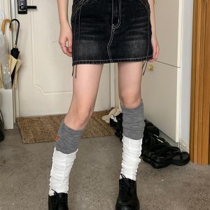 Black Vintage Washed Denim Skirt with Lining - 90s Inspired, Non-See-Through Design for Effortless Style