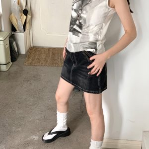 Black Vintage Washed Denim Skirt with Lining - 90s Inspired, Non-See-Through Design for Effortless Style