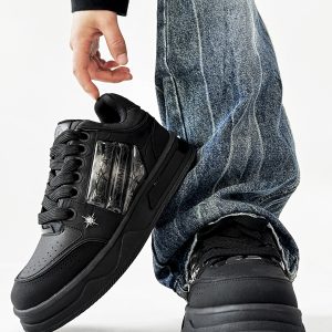 Black Warrior Board Shoes for Men and Women - Thick-Soled, Height-Increasing, Casual Couple Sports Shoes with Sailboat Star Design