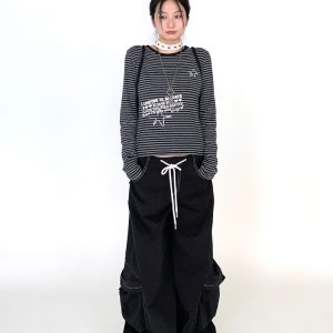 Black Wide-Leg Cargo Pants for Women with Drawstring - Casual Elastic Plaid Trousers, Autumn & Winter Fashion