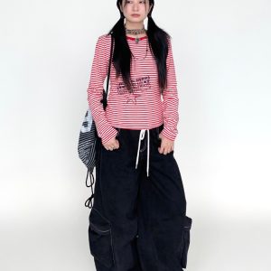 Black Wide-Leg Cargo Pants for Women with Drawstring - Casual Elastic Plaid Trousers, Autumn & Winter Fashion