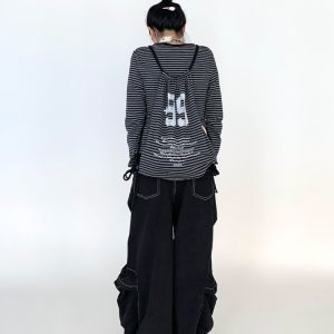 Black Wide-Leg Cargo Pants for Women with Drawstring - Casual Elastic Plaid Trousers, Autumn & Winter Fashion