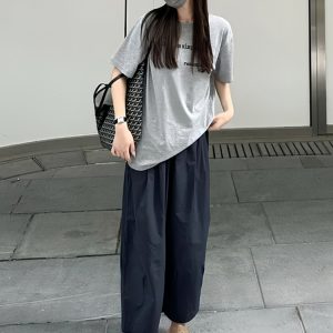 Black Women's Plus Size Summer Balloon Pants, Casual Loose Wide-Leg High-Waisted 90s Style Nine-Point Trousers