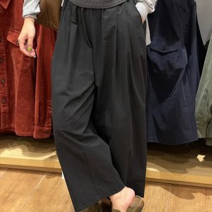 Black Women's Plus Size Summer Balloon Pants, Casual Loose Wide-Leg High-Waisted 90s Style Nine-Point Trousers