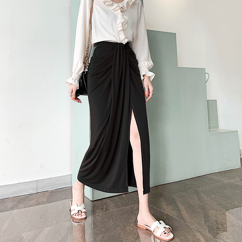 Black Wrinkled Drape High-Waisted Midi Skirt for Women - Slimming Straight Design, Perfect for Spring/Summer 2025