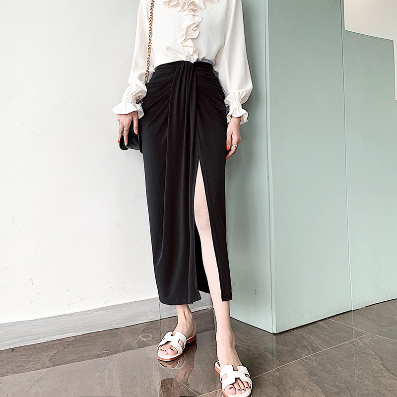 Black Wrinkled Drape High-Waisted Midi Skirt for Women - Slimming Straight Design, Perfect for Spring/Summer 2025