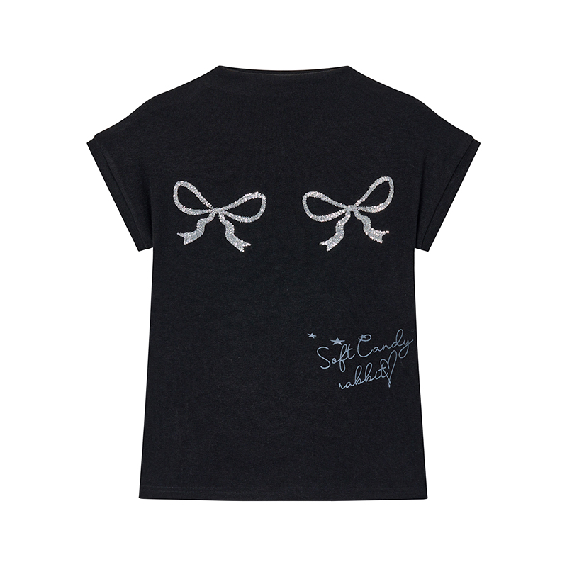 Bling Sequin Embroidered Bow Print High Neck Slim Fit Top for Girls - Summer Fashion Tee, Perfect for Y2K and 90s Style