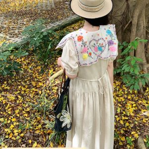 Blooming Cherry Blossom Road French Tassel Cotton Linen Dress - Summer Loose A-line Puff Sleeve Long Dress for Women