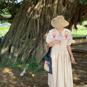 Blooming Cherry Blossom Road French Tassel Cotton Linen Dress - Summer Loose A-line Puff Sleeve Long Dress for Women