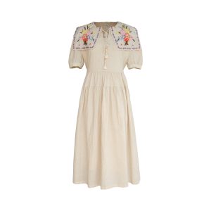 Blooming Cherry Blossom Road French Tassel Cotton Linen Dress - Summer Loose A-line Puff Sleeve Long Dress for Women