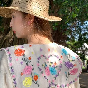 Blooming Cherry Blossom Road French Tassel Cotton Linen Dress - Summer Loose A-line Puff Sleeve Long Dress for Women