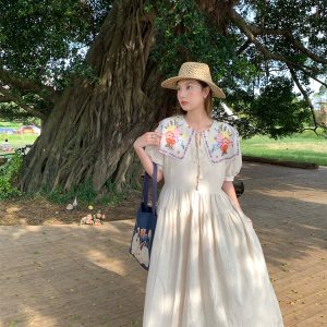 Blooming Cherry Blossom Road French Tassel Cotton Linen Dress - Summer Loose A-line Puff Sleeve Long Dress for Women